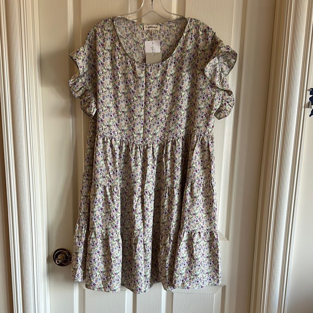 eesome Purple and Green Flutter Sleeve Midi Sundress